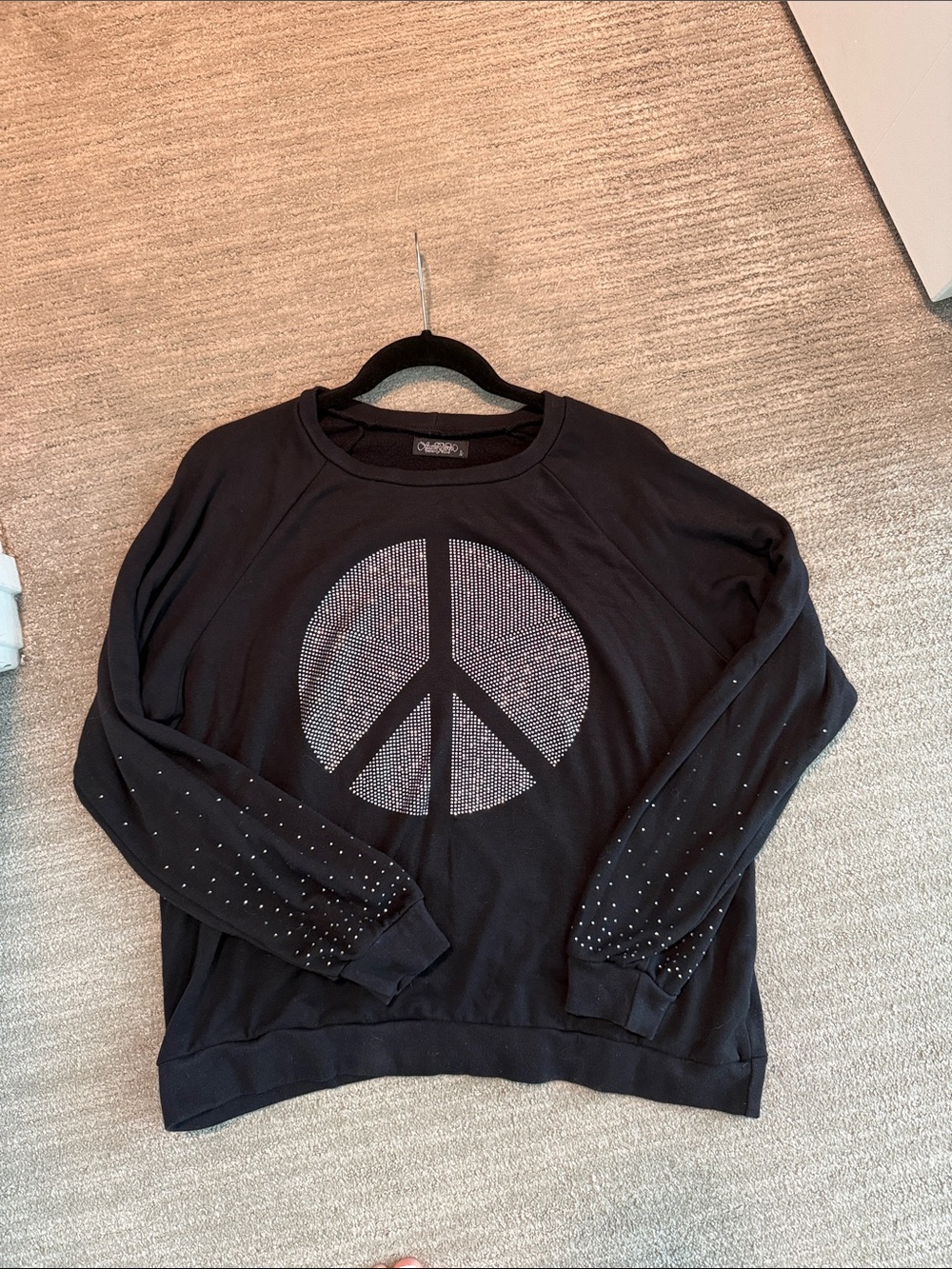 Lauren Moshi Black Crewneck Sweatshirt with Studded Peace Sign